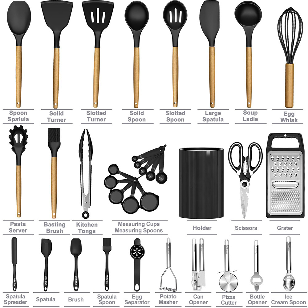 High quality silicone kitchen cooking gadgets tools black silicone cooking utensils kitchen utensils set with wooden handle