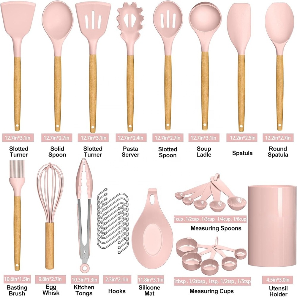 TOALLWIN kitchen tools gadgets household pink silicone cooking utensils kitchen set wholesale wood silicone kitchen utensils set