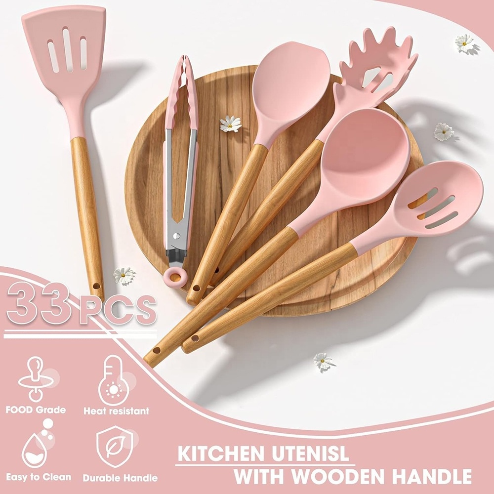 TOALLWIN kitchen tools gadgets household pink silicone cooking utensils kitchen set wholesale wood silicone kitchen utensils set