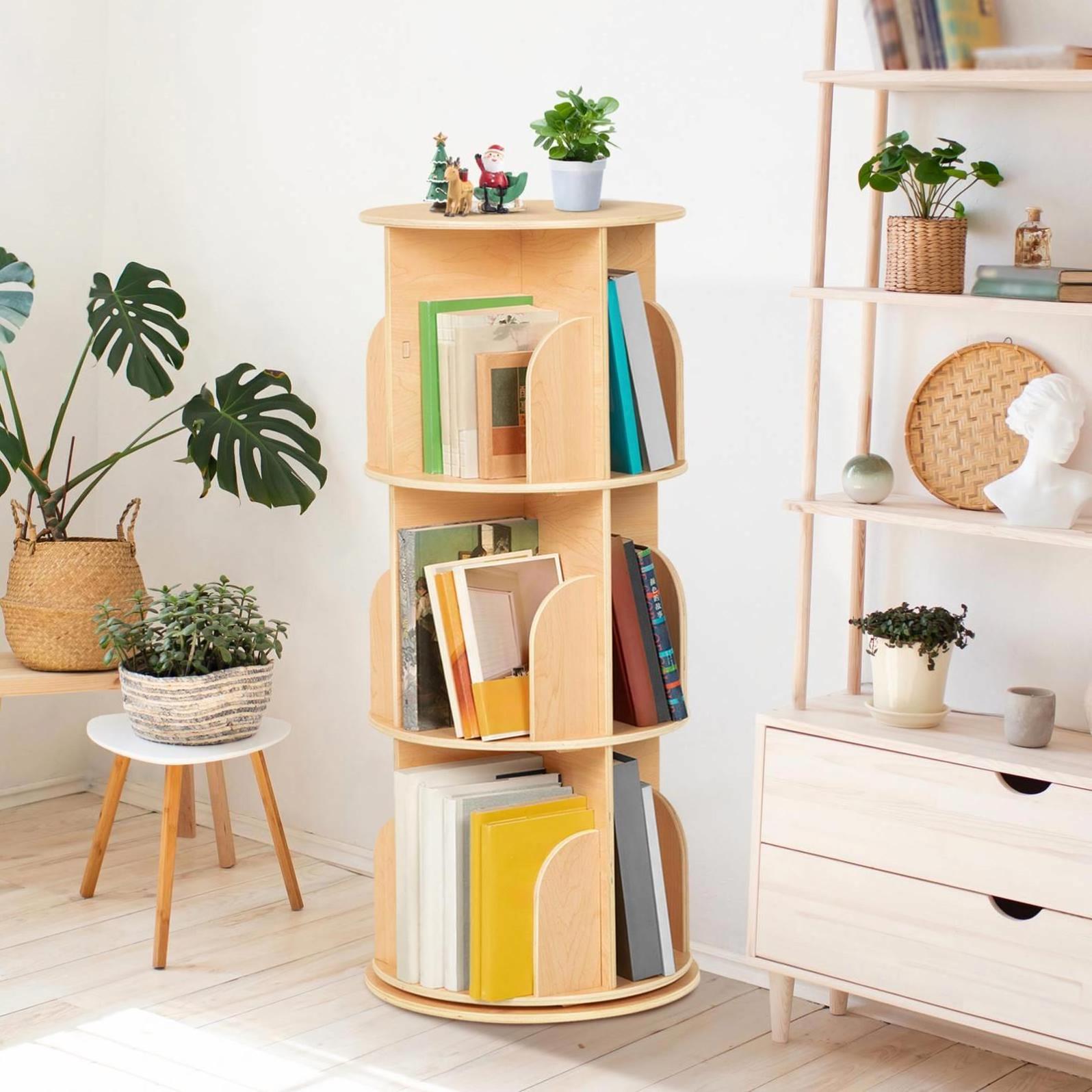 Wooden Rotating Bookshelf Kids Montessori revolving Bookcases Storage Decoration For Home Toddler