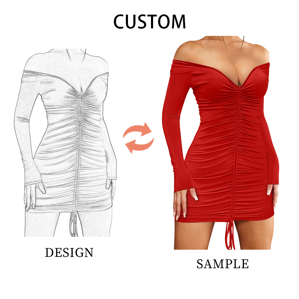 Summer sexy formal drawstring plus size women's clothing dress v neck long sleeve ruched cocktail party mini dress