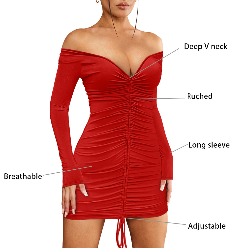 Summer sexy formal drawstring plus size women's clothing dress v neck long sleeve ruched cocktail party mini dress