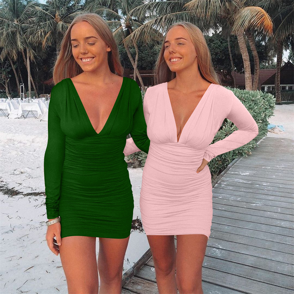 Custom Made Dress Women's Sexy Long Sleeve V Neck Ruched Bodycon Mini Party Cocktail Dress