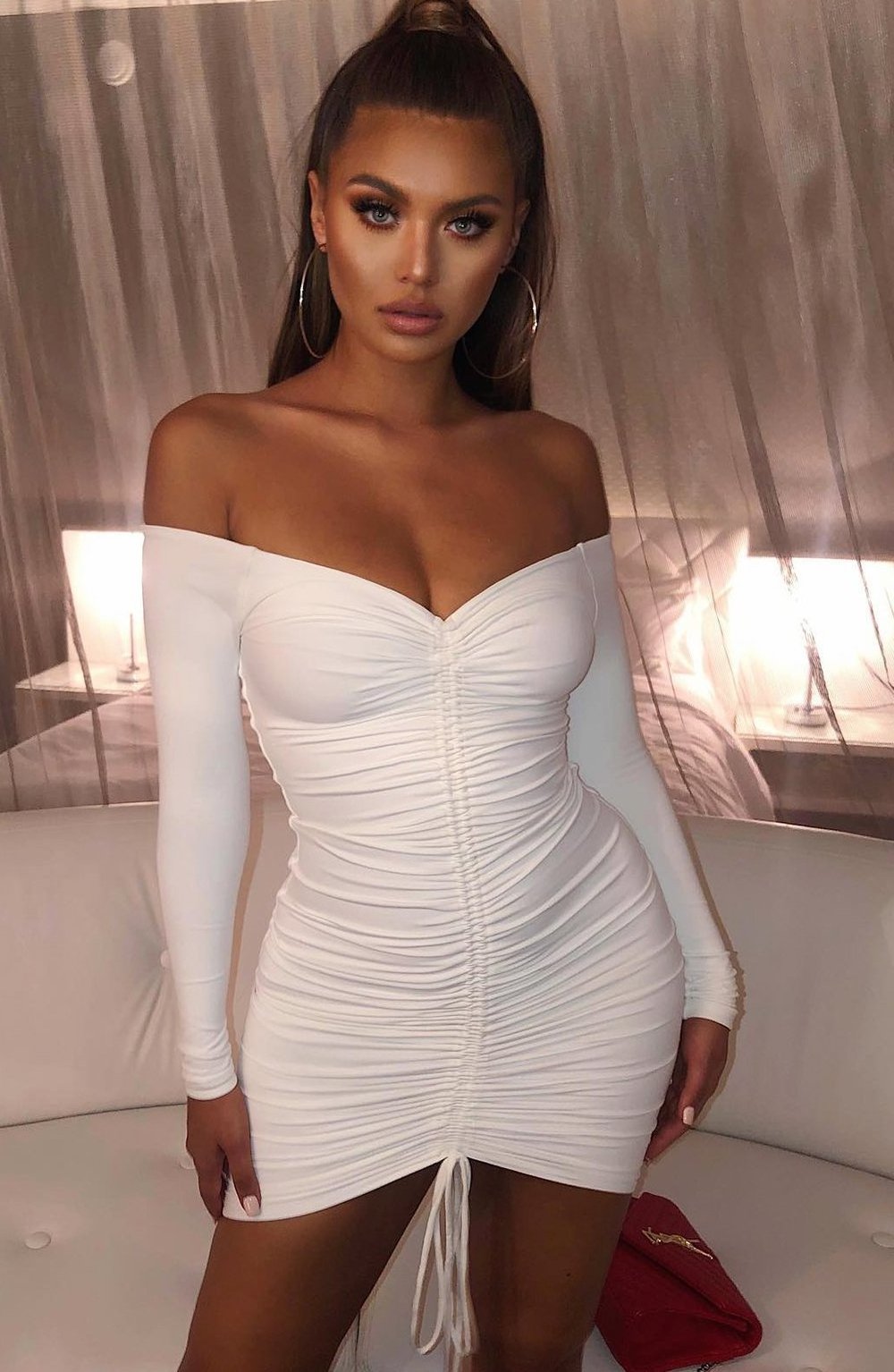 Summer sexy formal drawstring plus size women's clothing dress v neck long sleeve ruched cocktail party mini dress