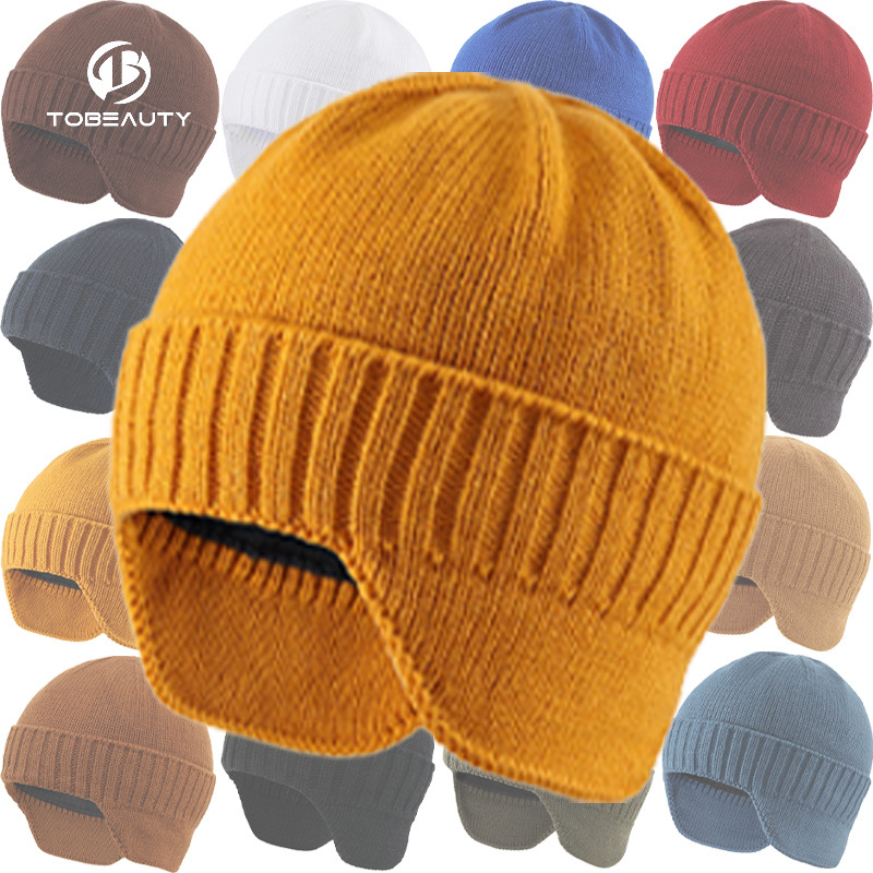 100% Acrylic Yarn Stretchable Knitted Trooper Winter Hat Ear Flaps Trapper Hunting Hat Fur Aviator Wool Buffalo Pilot Ski Hat