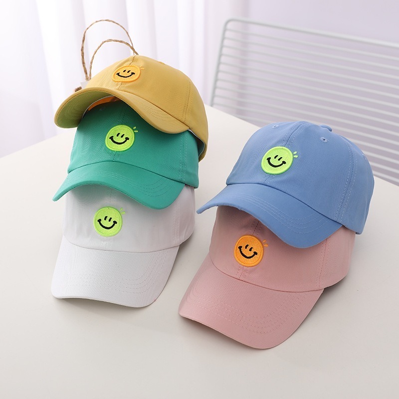 Candy colours  kids baseball cap 6 panel hat smile face embroidery patch baseball cap for boys and girls