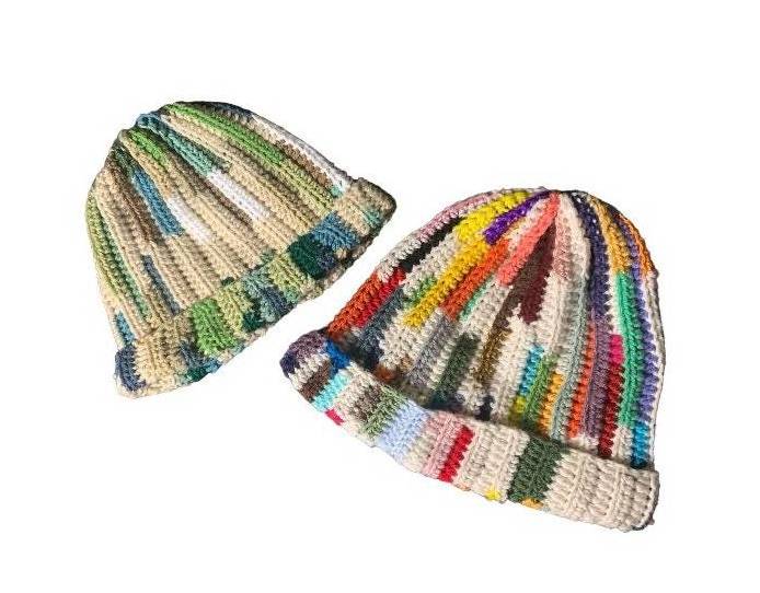 Unisex Custom personalized handmade crochet scrap yarn multicolor beanie stripe split knitted beanie