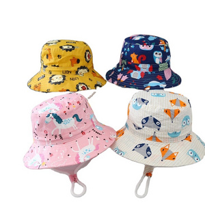 Wholesale Customized Adjustable kids printing Sun Hat UV Protection Summer  Bucket Hat with string Kids Wide Brim Hat