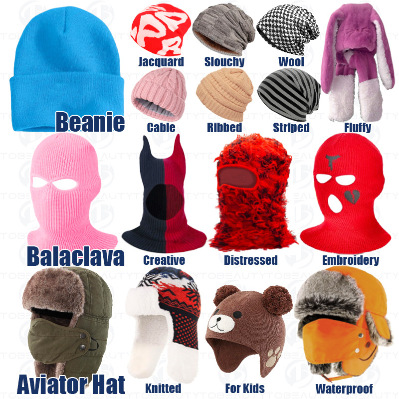 Custom Winter Hats Wholesale Knitted All Over Printed Embroidery Logo Acrylic Balaclava Ski Mask Cuffed Beanie Aviator Caps