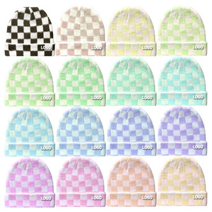 Custom Women Men Winter Hats Print Argyle Plaid Checkered Checkerboard Pattern Beanie Knitted Soft Warm Slouchy Skull Ski Cap