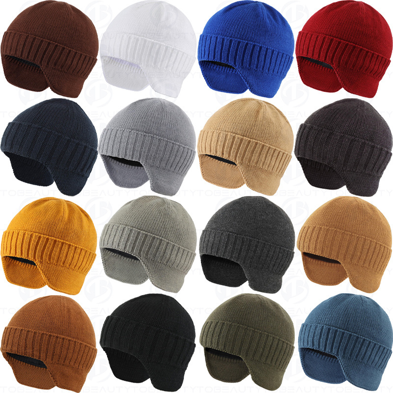 100% Acrylic Yarn Stretchable Knitted Trooper Winter Hat Ear Flaps Trapper Hunting Hat Fur Aviator Wool Buffalo Pilot Ski Hat