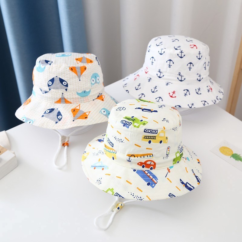 Wholesale Customized Adjustable kids printing Sun Hat UV Protection Summer  Bucket Hat with string Kids Wide Brim Hat