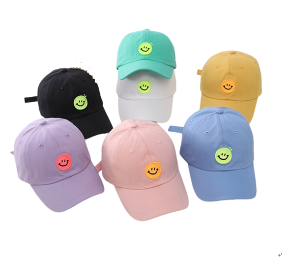 Candy colours  kids baseball cap 6 panel hat smile face embroidery patch baseball cap for boys and girls