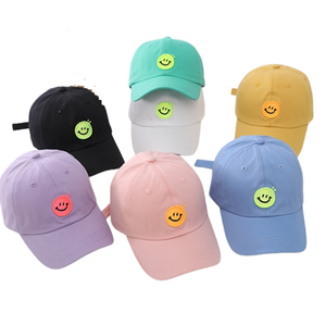 Candy colours  kids baseball cap 6 panel hat smile face embroidery patch baseball cap for boys and girls