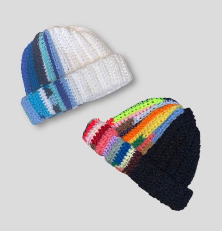 Unisex Custom personalized handmade crochet scrap yarn multicolor beanie stripe split knitted beanie