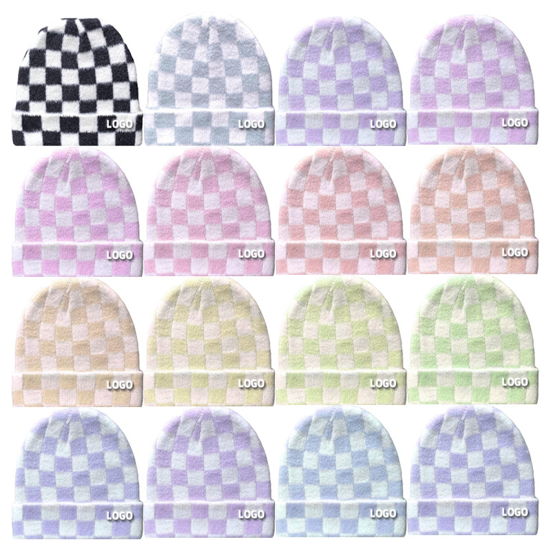 Custom Women Men Winter Hats Print Argyle Plaid Checkered Checkerboard Pattern Beanie Knitted Soft Warm Slouchy Skull Ski Cap