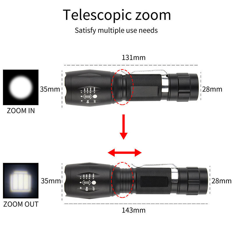 Outdoor T6 flashlight Aluminum alloy case with strong light long range A100 telescopic focusing hand-held flashlight