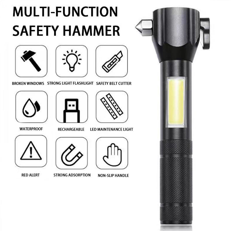 Rechargeable Multi-function Dimming Waterproof Led Flashlight W Safety Hammer Knife For Emergency Work Ride Car Hiking Fishing