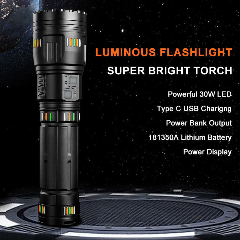 Rechargeable LED Flashlight Luminous Strips 30000 Lumens 7 Modes Zoomable Waterproof for Outdoor Emergency Super Bright Torch