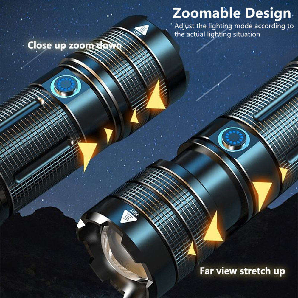 Powerful 10000 Lumens long range white Flashlight Waterproof Zoom Torch Light Rechargeable LED Lazer Flashlight