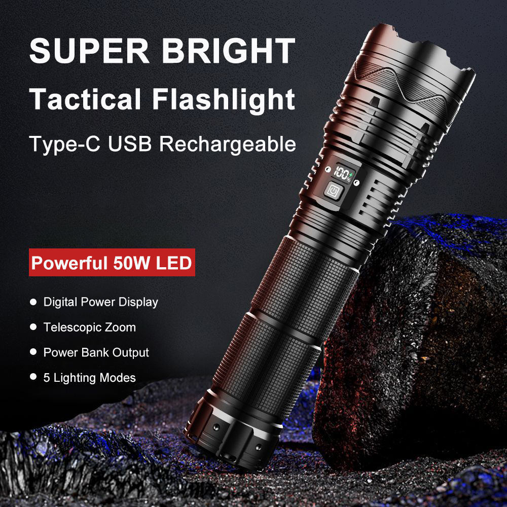 Tactical Flashlight with Shoulder Strap USB Rechargeable 50W LED 90000 Lumens Waterproof 5 Modes Super Bright Hiking Flashlight