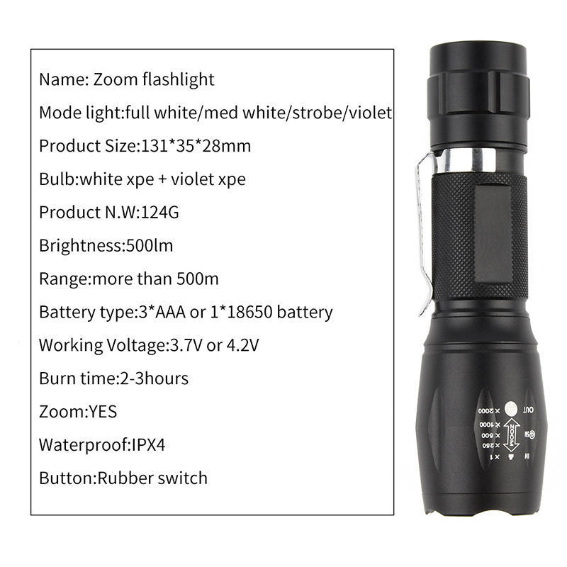 Outdoor T6 flashlight Aluminum alloy case with strong light long range A100 telescopic focusing hand-held flashlight