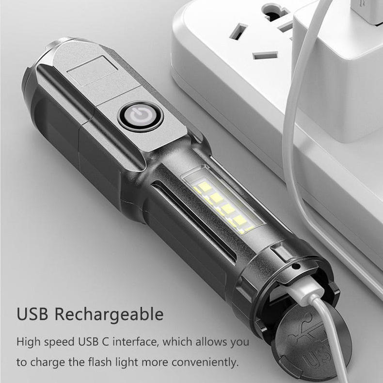 Strong Light Portable Flashlight wtih LED COB Slide Floodlight USB Rechargeable Zoomable Tactical Flashlight Outdoor Lighting