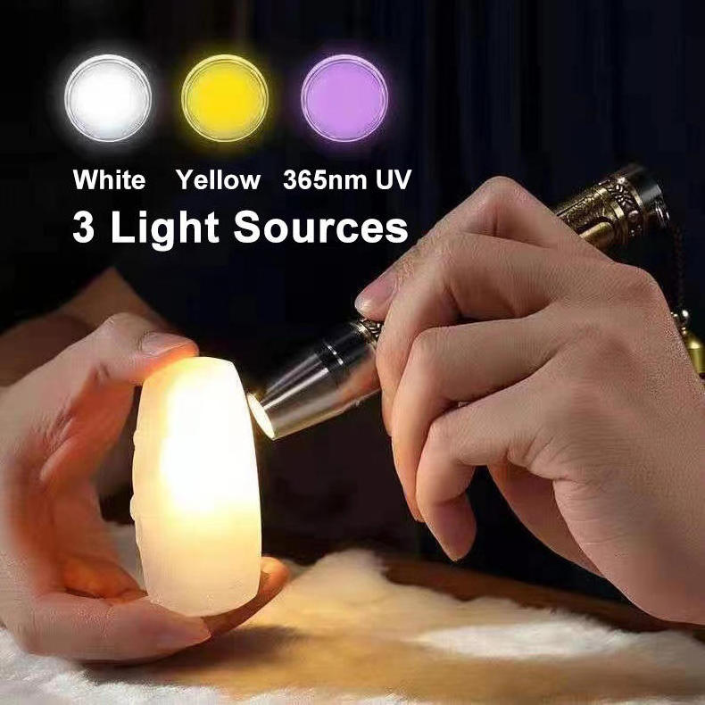 TBS Design USB Rechargeable Ultraviolet/Yellow/White 3 in 1 Light Jade Jewelry Gemstone Identification Led Uv Torch Flashlight