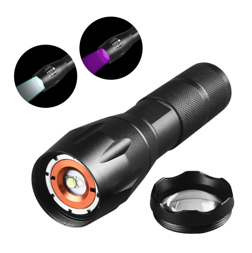 Toby's UV detection lighting dual high-light flashlight white violet two-color R2 adjustable focus purple light 395NM Flashlight