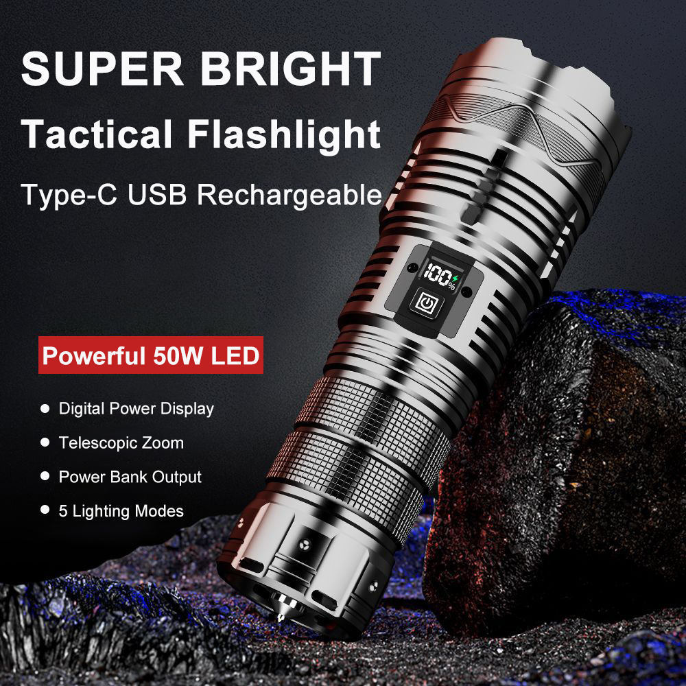 Tactical Flashlight with Shoulder Strap USB Rechargeable 50W LED 90000 Lumens Waterproof 5 Modes Super Bright Hiking Flashlight