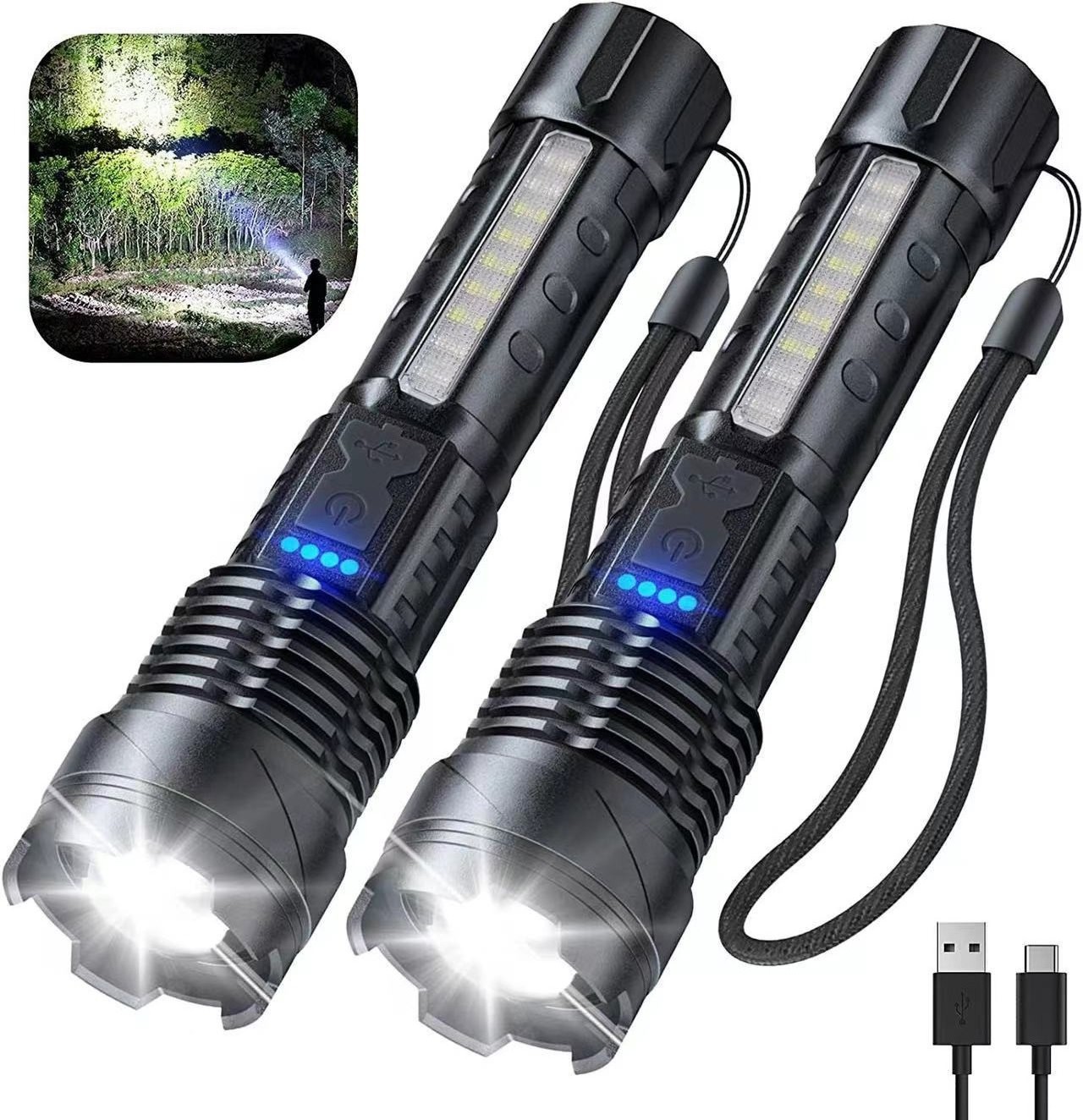 Super Bright 10000 high lumen ZOOM Flashlight powerfull Torch Light linterna USB-C Long Range XHP50 LED Flashlight Rechargeable