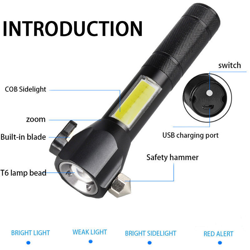 Rechargeable Multi-function Dimming Waterproof Led Flashlight W Safety Hammer Knife For Emergency Work Ride Car Hiking Fishing