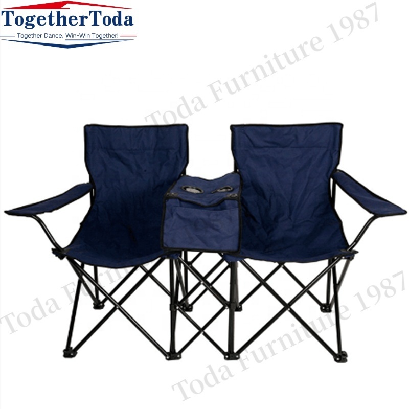 Outdoor Foldable Portable Sturdy Beach Chair Double Camping Chair with Umbrella Cooler Bag Iron Modern Fishing Chair