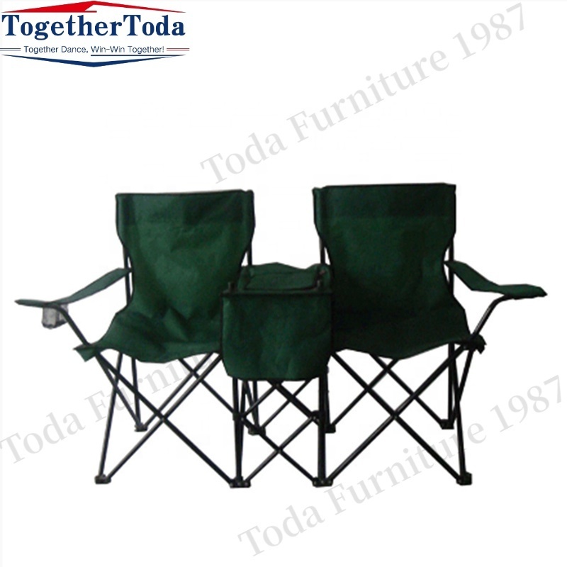 Outdoor Foldable Portable Sturdy Beach Chair Double Camping Chair with Umbrella Cooler Bag Iron Modern Fishing Chair