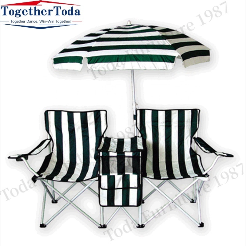 Outdoor Foldable Portable Sturdy Beach Chair Double Camping Chair with Umbrella Cooler Bag Iron Modern Fishing Chair