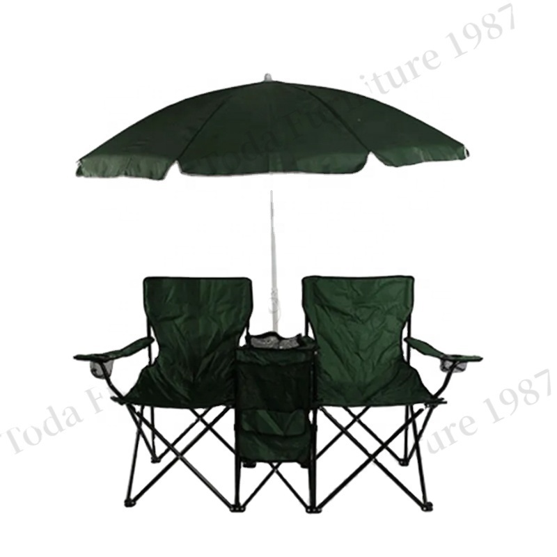 Outdoor Foldable Portable Sturdy Beach Chair Double Camping Chair with Umbrella Cooler Bag Iron Modern Fishing Chair