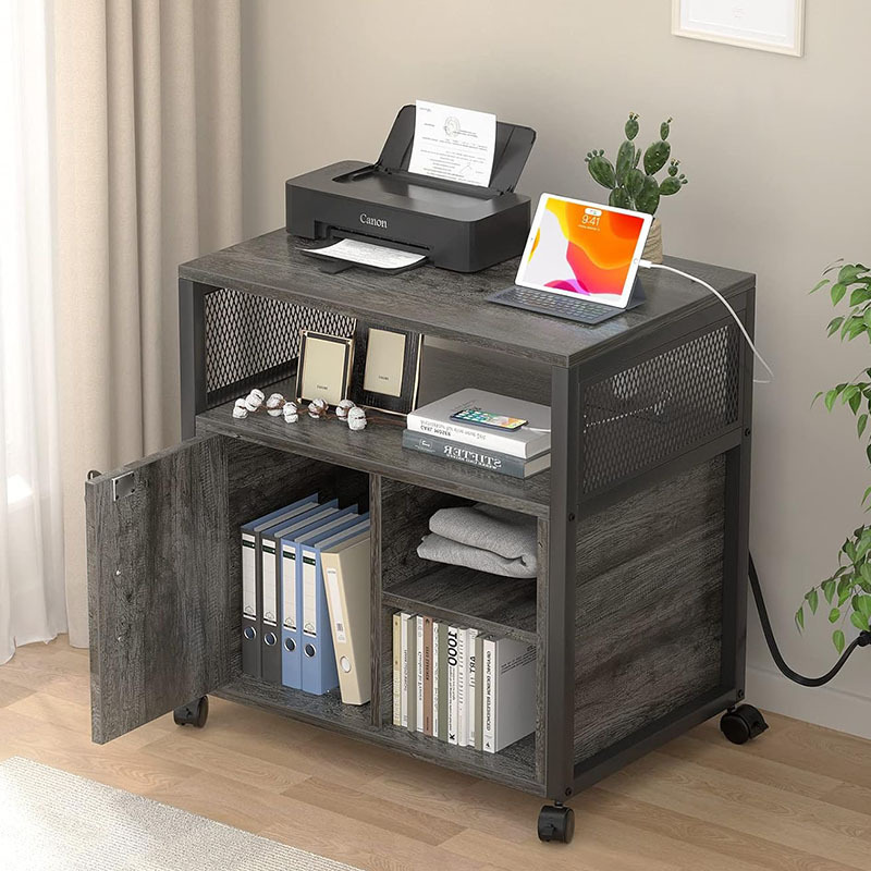 Modern Rolling Printer Stand Locking Office Lateral File Cabinet with Socket and USB Charging Station