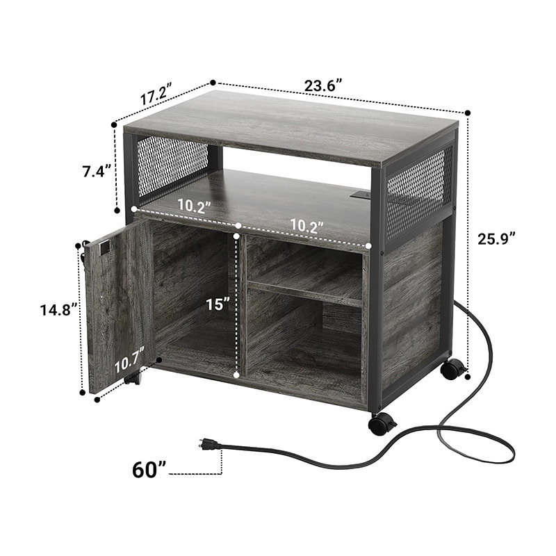 Modern Rolling Printer Stand Locking Office Lateral File Cabinet with Socket and USB Charging Station