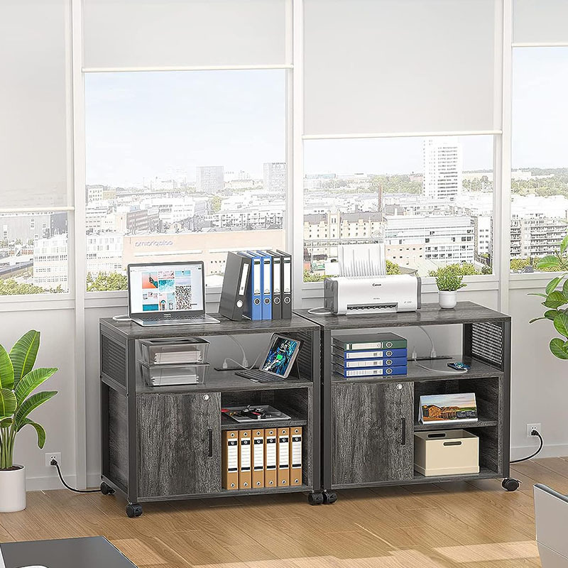 Modern Rolling Printer Stand Locking Office Lateral File Cabinet with Socket and USB Charging Station