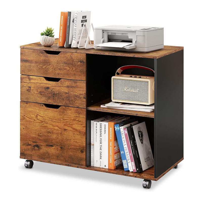 Mobile Printer Stand with 3-Drawer Wood Lateral File Filing Cabinet with Open Storage Shelves for Home Office