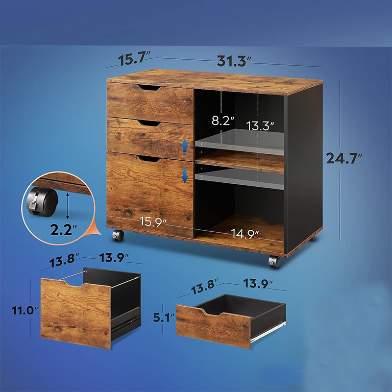 Mobile Printer Stand with 3-Drawer Wood Lateral File Filing Cabinet with Open Storage Shelves for Home Office