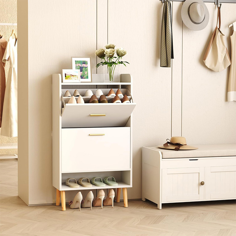 Modern Wood Shoe Cabinet White Narrow Shoe Storage Rack with Drawers Shoes Case for Entry Hallway