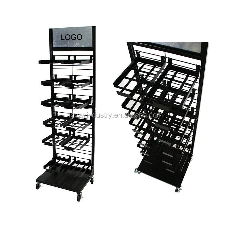 Floor standing 4 tier customized vinyl roll bread candy food gum cookies display metal rack with basket