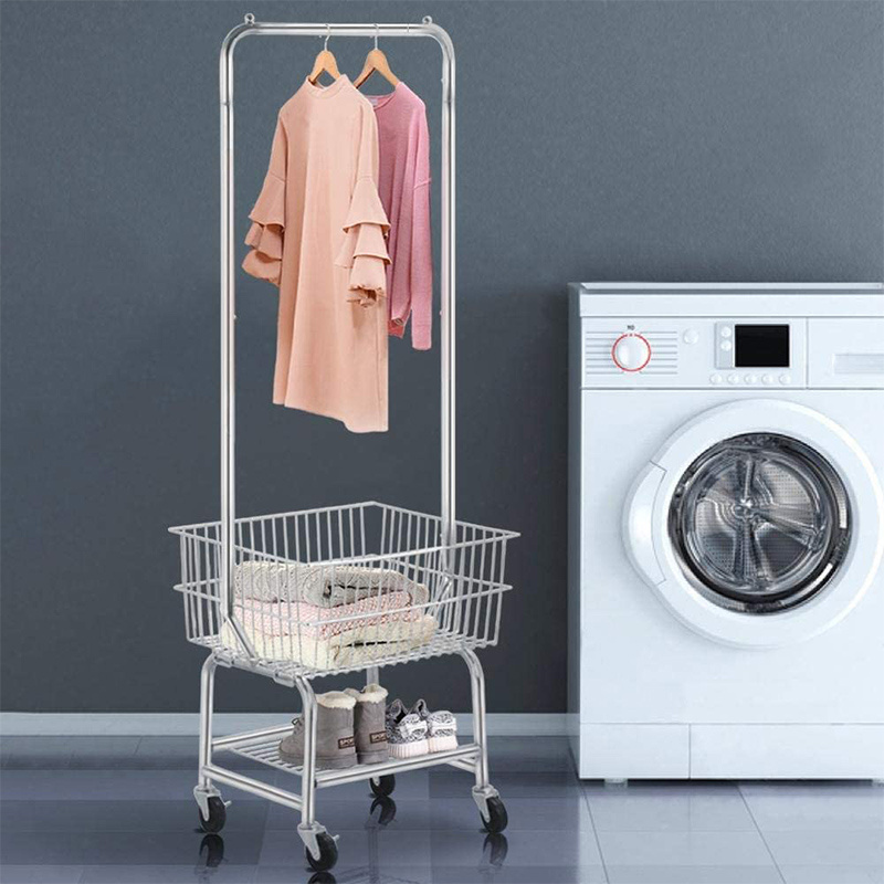 Rolling Laundry Hamper Basket Butler Cart laundry Cart with Hanging Cloth Rack