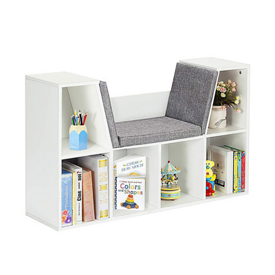 Wooden Toys Books Storage Organizer Display Shelf Storage Bookshelf with Soft Cushion Seat for Bedroom Living Room