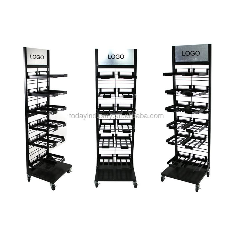 Floor standing 4 tier customized vinyl roll bread candy food gum cookies display metal rack with basket