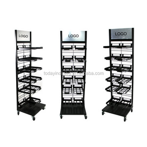 Floor standing 4 tier customized vinyl roll bread candy food gum cookies display metal rack with basket