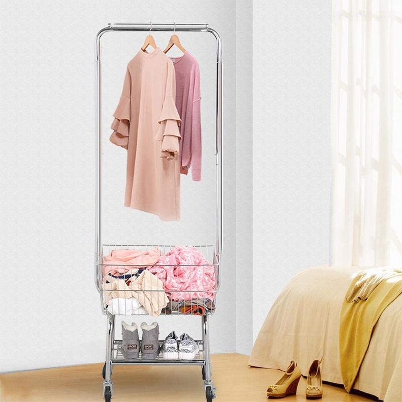 Rolling Laundry Hamper Basket Butler Cart laundry Cart with Hanging Cloth Rack