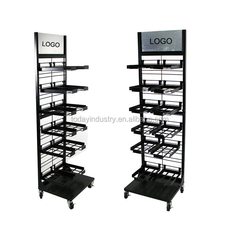 Floor standing 4 tier customized vinyl roll bread candy food gum cookies display metal rack with basket