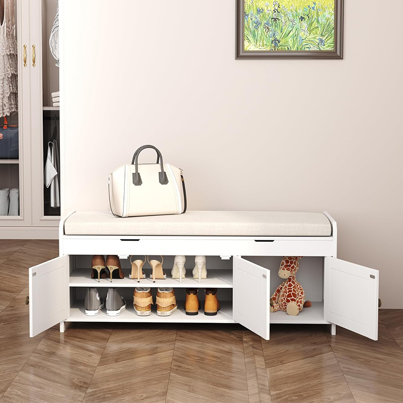 Modern Wooden Shoe Rack Cabinet Entryway Furniture Small Shoe Storage Bench With Soft Seat Cushion